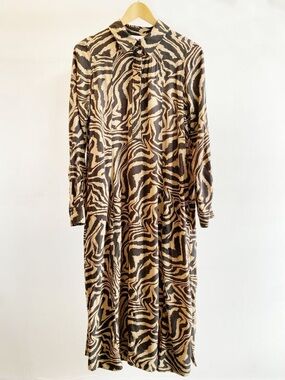 Ganni Zebra Tiger Stripe Print Collared Long Sleeve Dress sz M